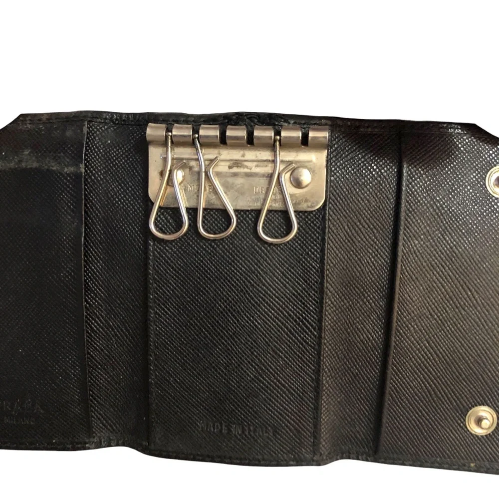 Prada Logo Black Silver Plaque Tri-Fold Key Case Key Unisex Logo Luxury